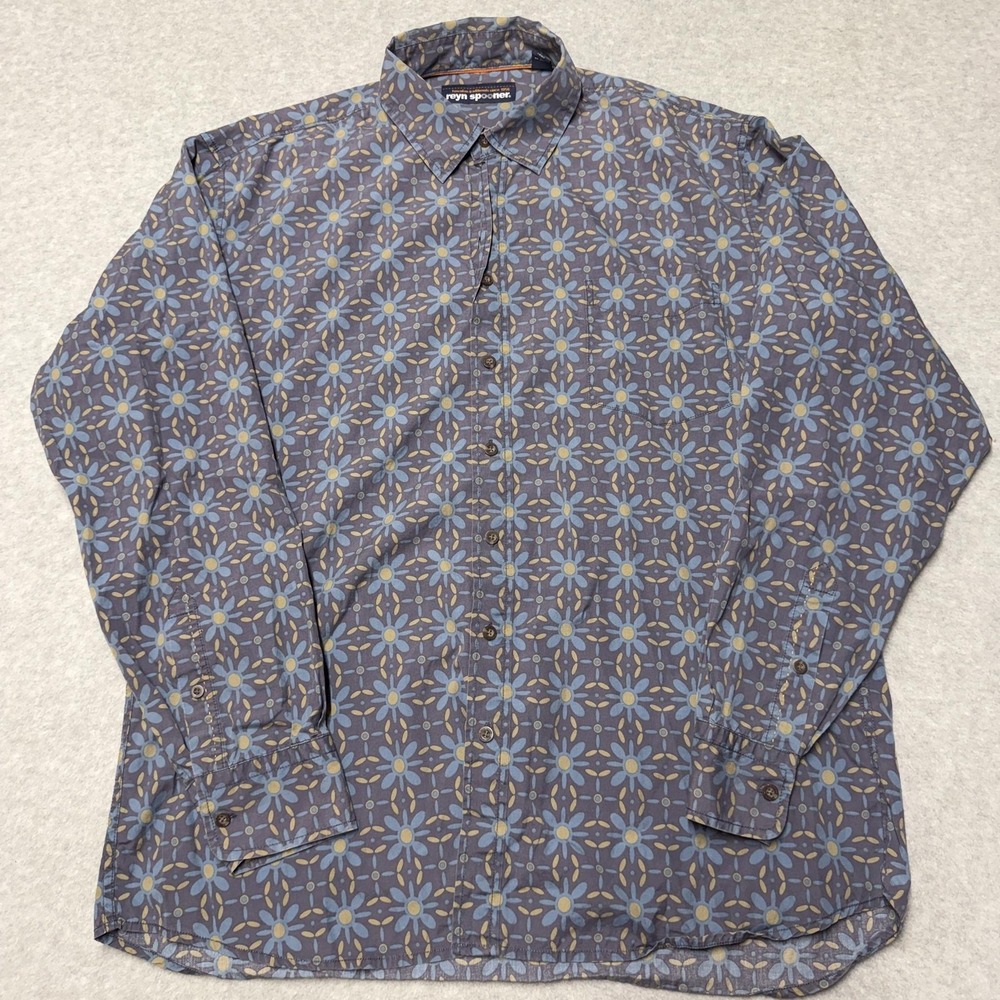 Reyn Spooner Shirt Mens 2XL Blue Floral Hawaiian Cotton Long Sleeve Button Up